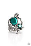 Silver Ring with Green Gems and White Rhinestones