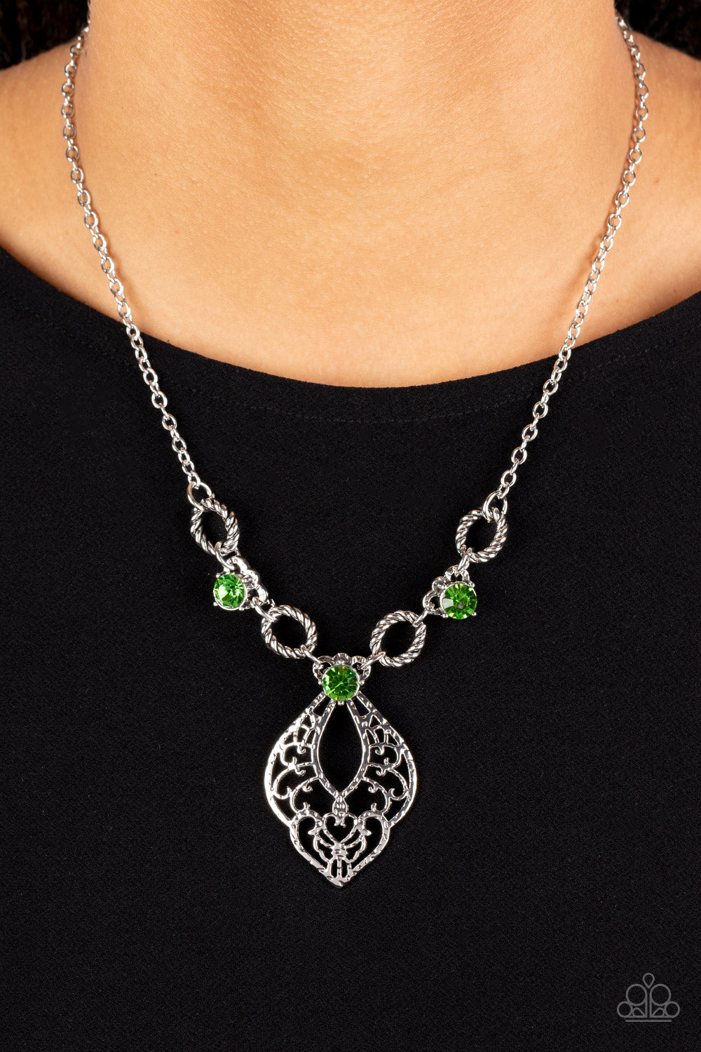 Silver Necklace with Green Rhinestones